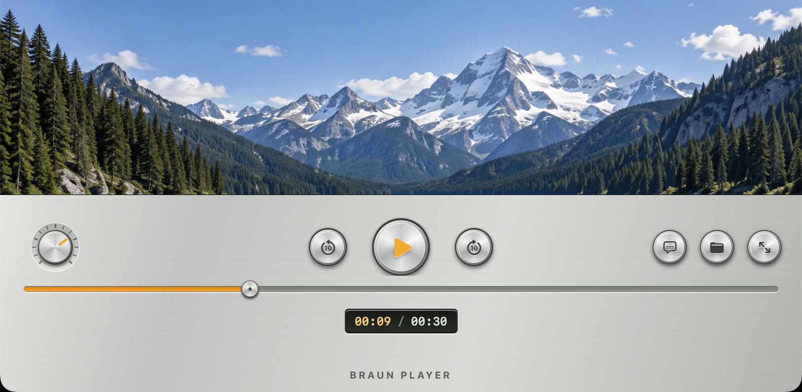 Braun Player showing a local landscape video with brushed silver controls